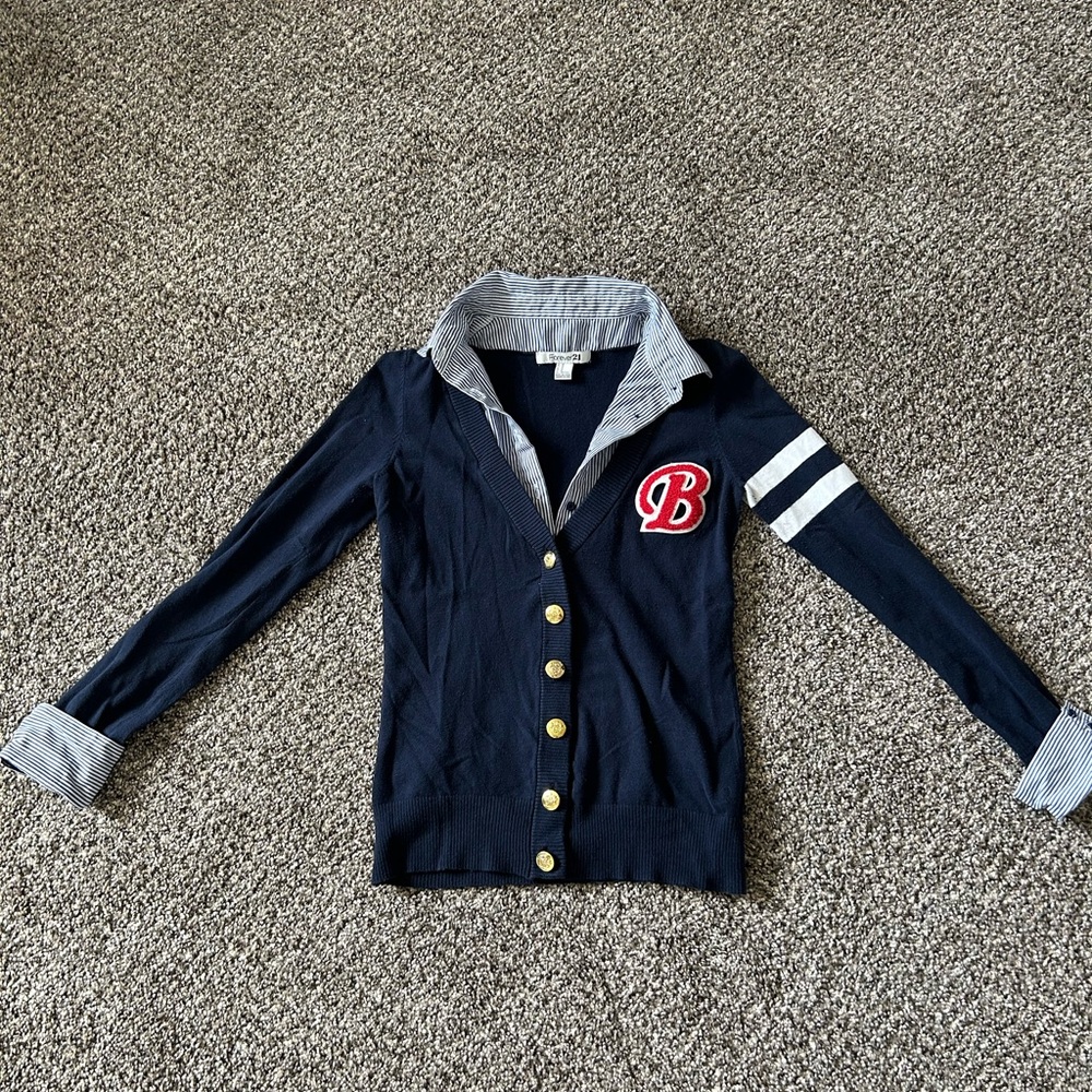 Navy Cardigan with Striped Sleeves and Red Patch